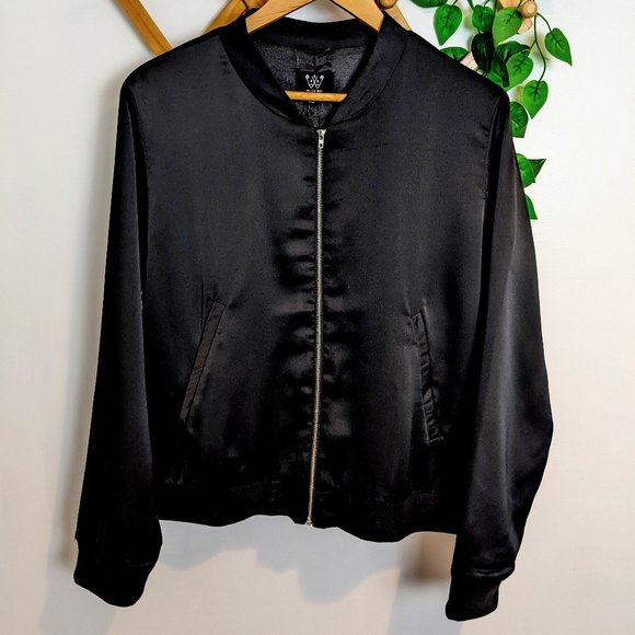 Anthropologie Jackets & Blazers - NWT ANTHROPOLOGIE SIX CRISP DAYS BLACK SATIN BOMBER JACKET LARGE